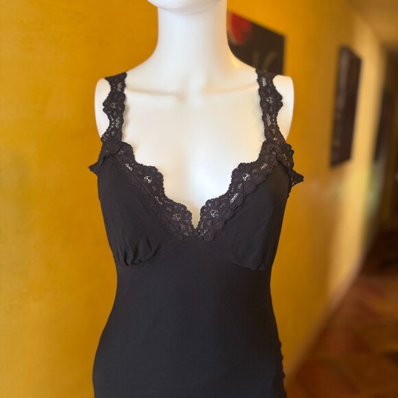 Y2K! RARE! Vintage Bebe Black Silk Slip Dress with Lace & Rhinestone – Size S - Picture 4 of 11